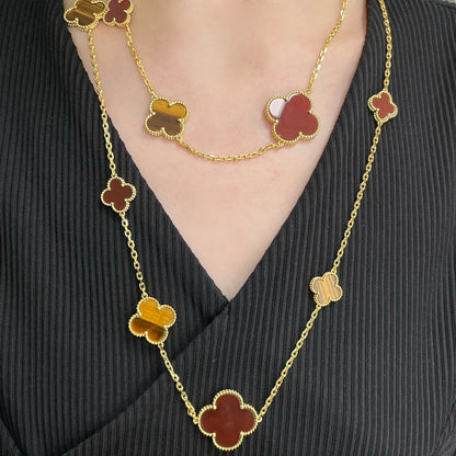 [Love Aura]CLOVER 16 MOTIF CARNELIAN TIGER EYE ROSE GOLD NECKLACE