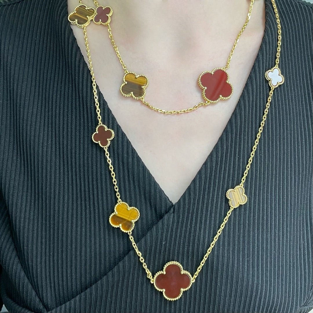 [Love Aura]CLOVER 16 MOTIF CARNELIAN TIGER EYE ROSE GOLD NECKLACE