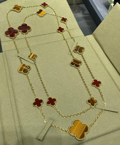 [Love Aura]CLOVER 16 MOTIF CARNELIAN TIGER EYE ROSE GOLD NECKLACE
