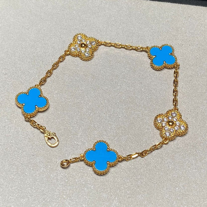 [Love Aura]CLOVER 5 MOTIF BLUE CHALCEDONY DIAMOND GOLD BRACELET