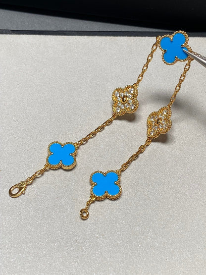 [Love Aura]CLOVER 5 MOTIF BLUE CHALCEDONY DIAMOND GOLD BRACELET
