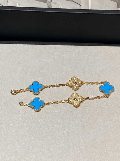[Love Aura]CLOVER 5 MOTIF BLUE CHALCEDONY DIAMOND GOLD BRACELET
