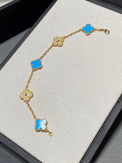[Love Aura]CLOVER 5 MOTIF BLUE CHALCEDONY DIAMOND GOLD BRACELET