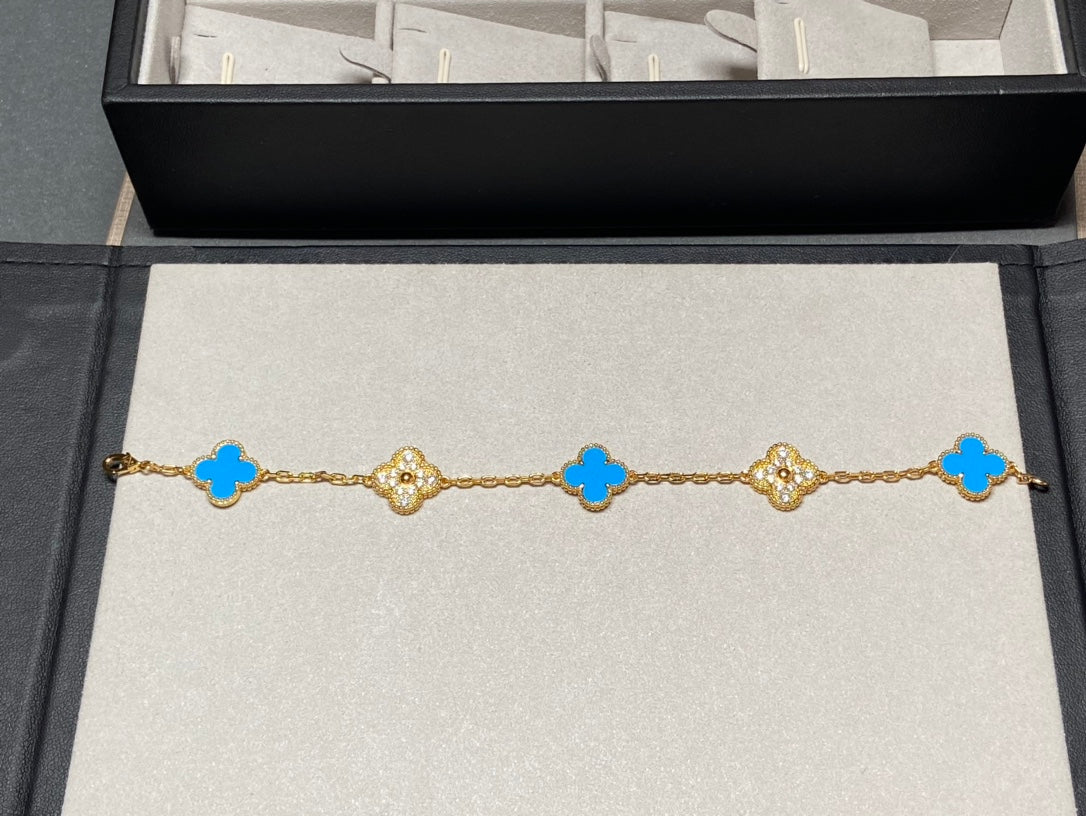 [Love Aura]CLOVER 5 MOTIF BLUE CHALCEDONY DIAMOND GOLD BRACELET