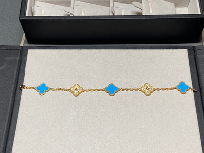 [Love Aura]CLOVER 5 MOTIF BLUE CHALCEDONY DIAMOND GOLD BRACELET