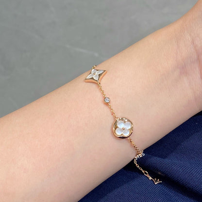 [Love Aura]STAR AND SUN 4 MOTIF WHITE MOP PINK GOLD BRACELET