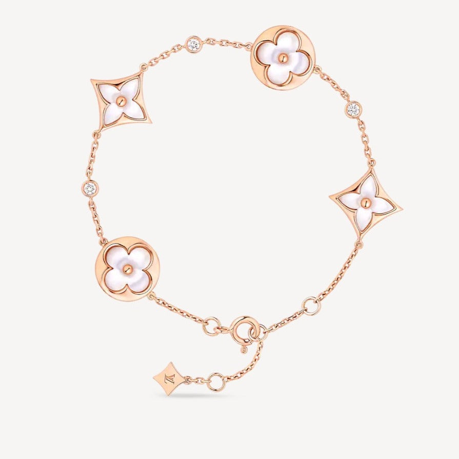 [Love Aura]STAR AND SUN 4 MOTIF WHITE MOP PINK GOLD BRACELET