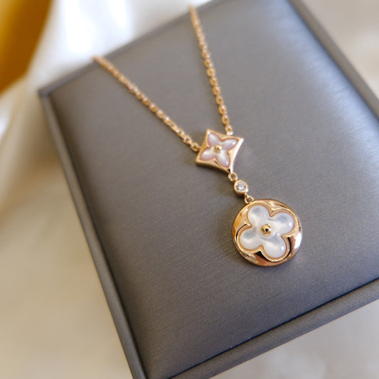 [Love Aura]STAR AND SUN WHITE MOP 2 MOTIF PINK GOLD NECKLACE