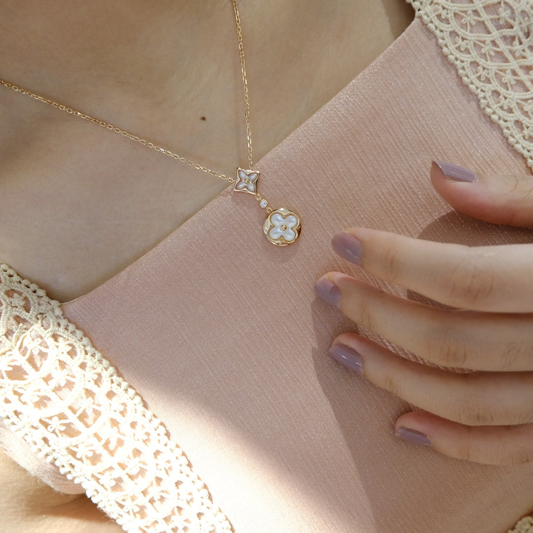 [Love Aura]STAR AND SUN WHITE MOP 2 MOTIF PINK GOLD NECKLACE