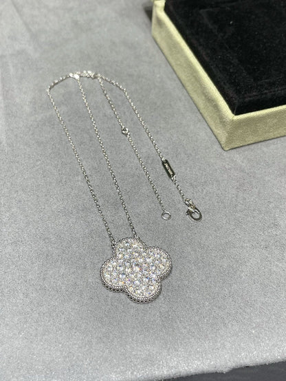 [Love Aura]CLOVER 25MM LARGE PENDANT DIAMOND PAVED SILVER NECKLACE