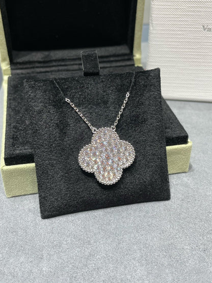[Love Aura]CLOVER 25MM LARGE PENDANT DIAMOND PAVED SILVER NECKLACE