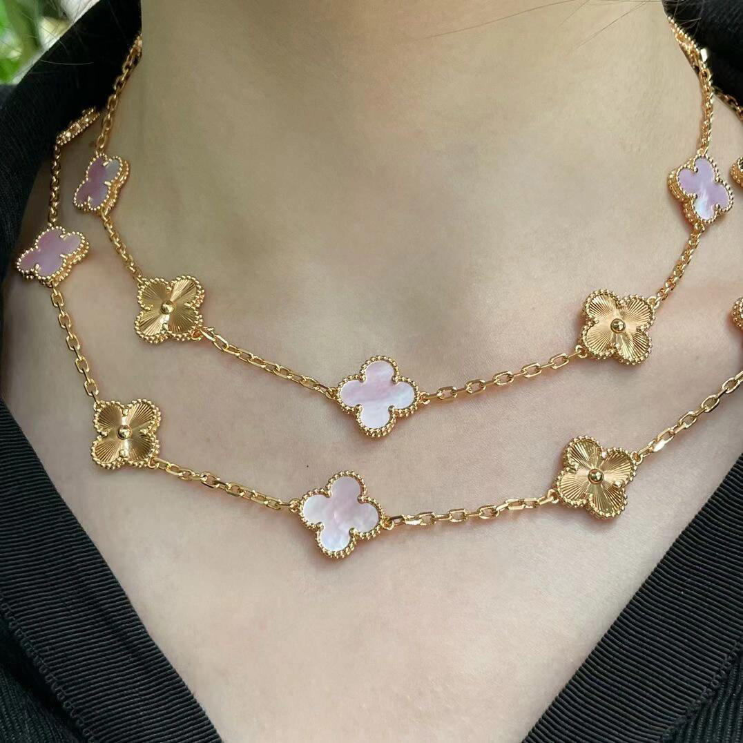 [Love Aura]CLOVER 20 MOTIFS LASER PINK MOP NECKLACE