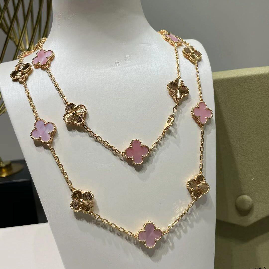 [Love Aura]CLOVER 20 MOTIFS LASER PINK MOP NECKLACE