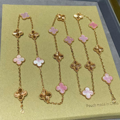 [Love Aura]CLOVER 20 MOTIFS LASER PINK MOP NECKLACE