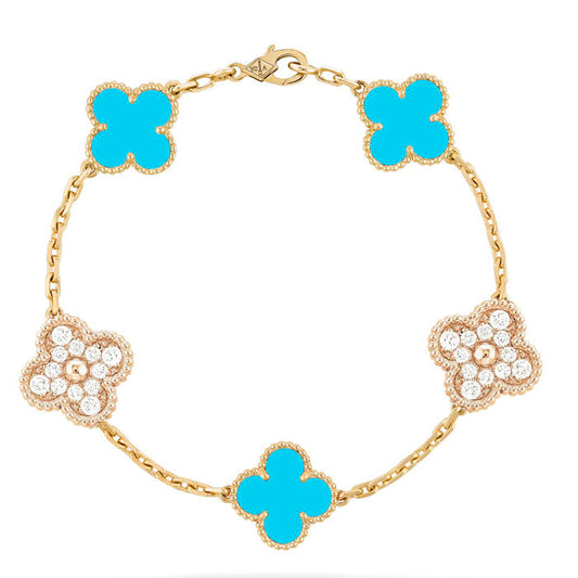 [Love Aura]CLOVER 5 MOTIF TURQUOISE DIAMOND GOLD BRACELET