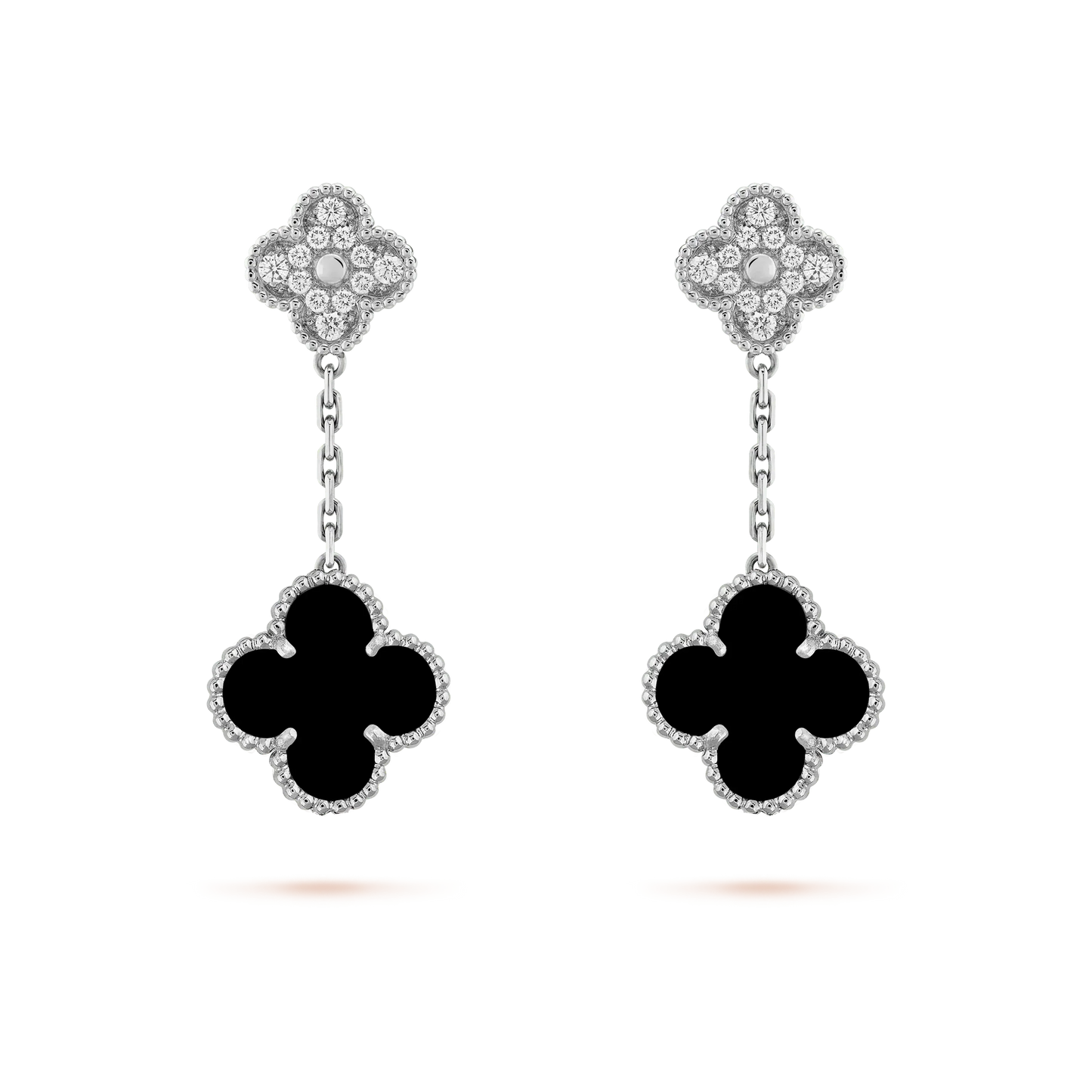 [Love Aura]CLOVER 2 MOTIFS  DIAMOND ONYX EARRINGS SILVER