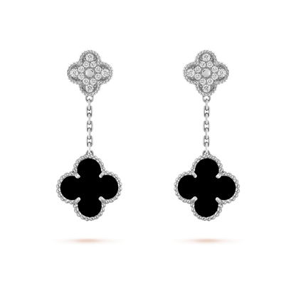 [Love Aura]CLOVER 2 MOTIFS  DIAMOND ONYX EARRINGS SILVER
