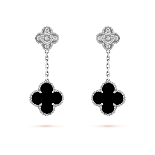 [Love Aura]CLOVER 2 MOTIFS  DIAMOND ONYX EARRINGS SILVER