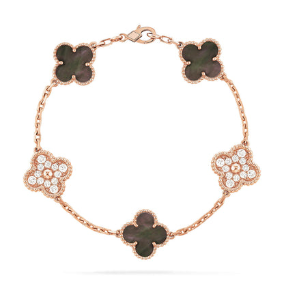 [Love Aura]CLOVER 5 MOTIFS DARK MOP AND DIAMONDS PINK GOLD BRACELET