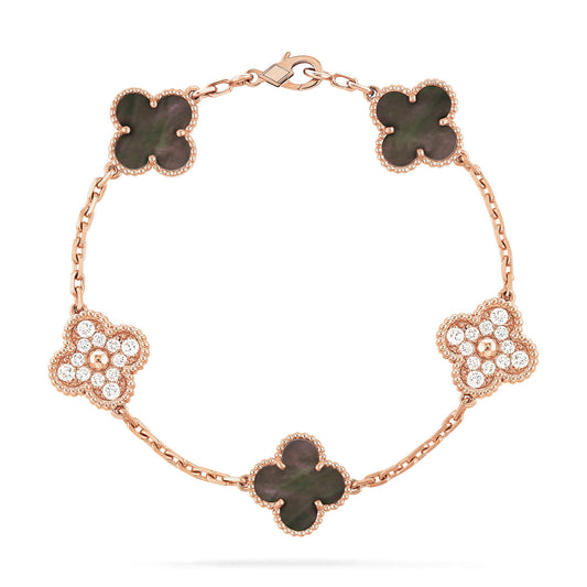 [Love Aura]CLOVER 5 MOTIFS DARK MOP AND DIAMONDS PINK GOLD BRACELET