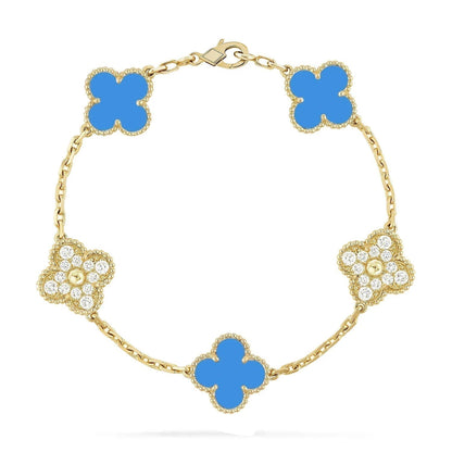 [Love Aura]CLOVER 5 MOTIF BLUE CHALCEDONY DIAMOND GOLD BRACELET