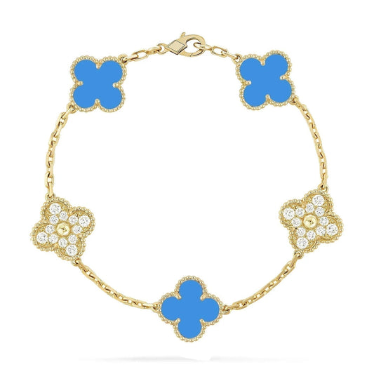 [Love Aura]CLOVER 5 MOTIF BLUE CHALCEDONY DIAMOND GOLD BRACELET