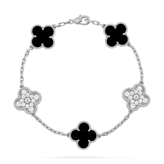 [Love Aura]CLOVER 5 MOTIF ONYXS DIAMOND BRACELET SILVER