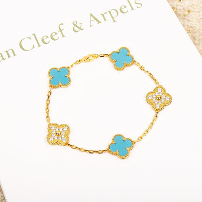 [Love Aura]CLOVER 5 MOTIF TURQUOISE DIAMOND GOLD BRACELET