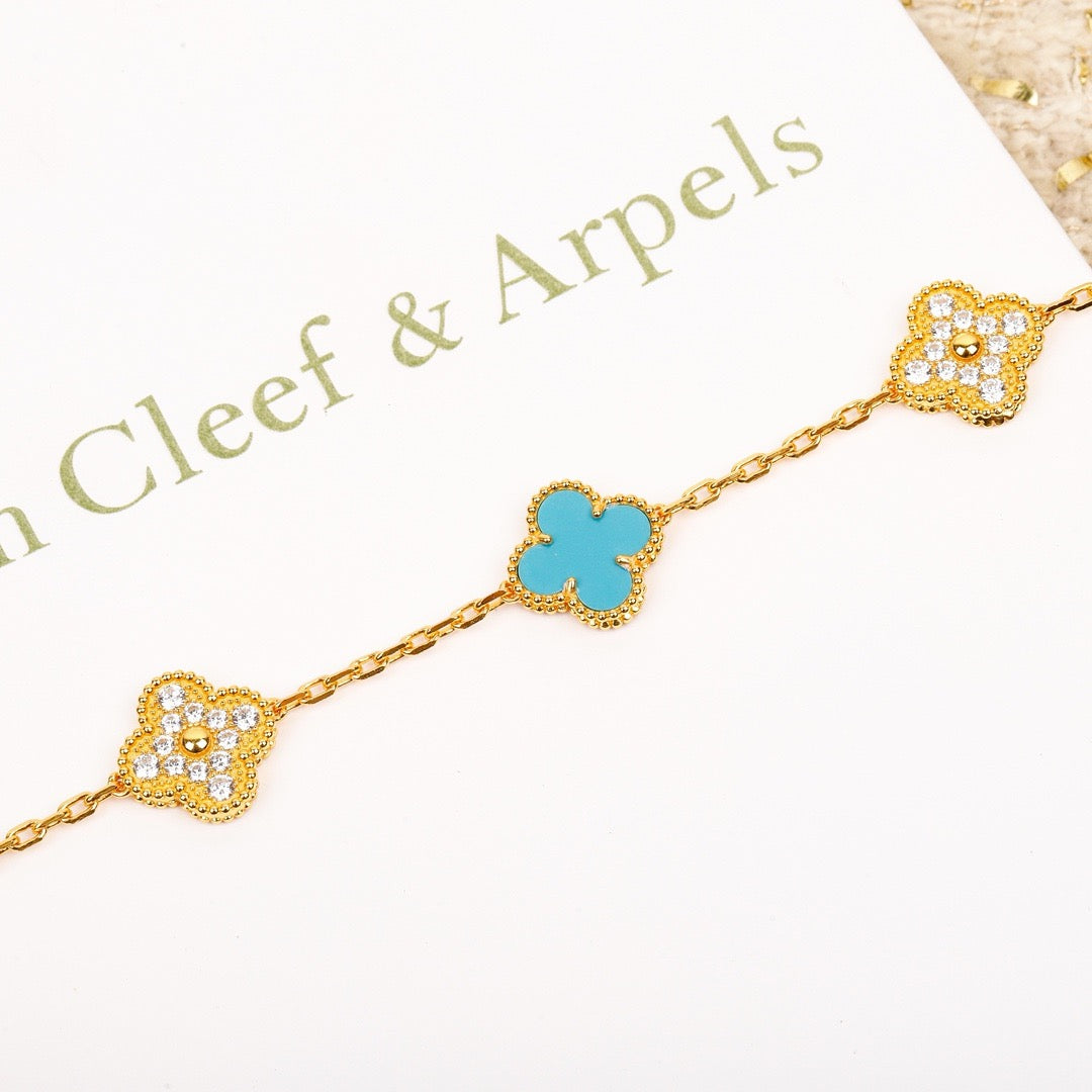 [Love Aura]CLOVER 5 MOTIF TURQUOISE DIAMOND GOLD BRACELET