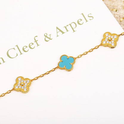 [Love Aura]CLOVER 5 MOTIF TURQUOISE DIAMOND GOLD BRACELET