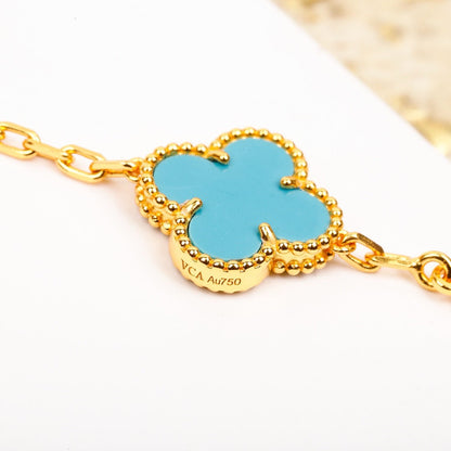 [Love Aura]CLOVER 5 MOTIF TURQUOISE DIAMOND GOLD BRACELET