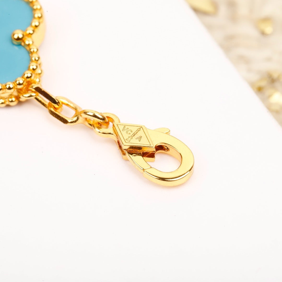 [Love Aura]CLOVER 5 MOTIF TURQUOISE DIAMOND GOLD BRACELET