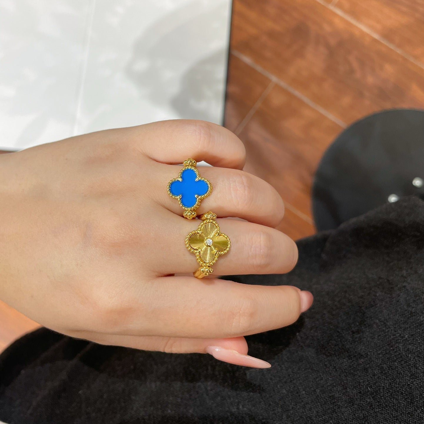 [Love Aura]CLOVER RIVERSIBLE BLUE AGATE RING