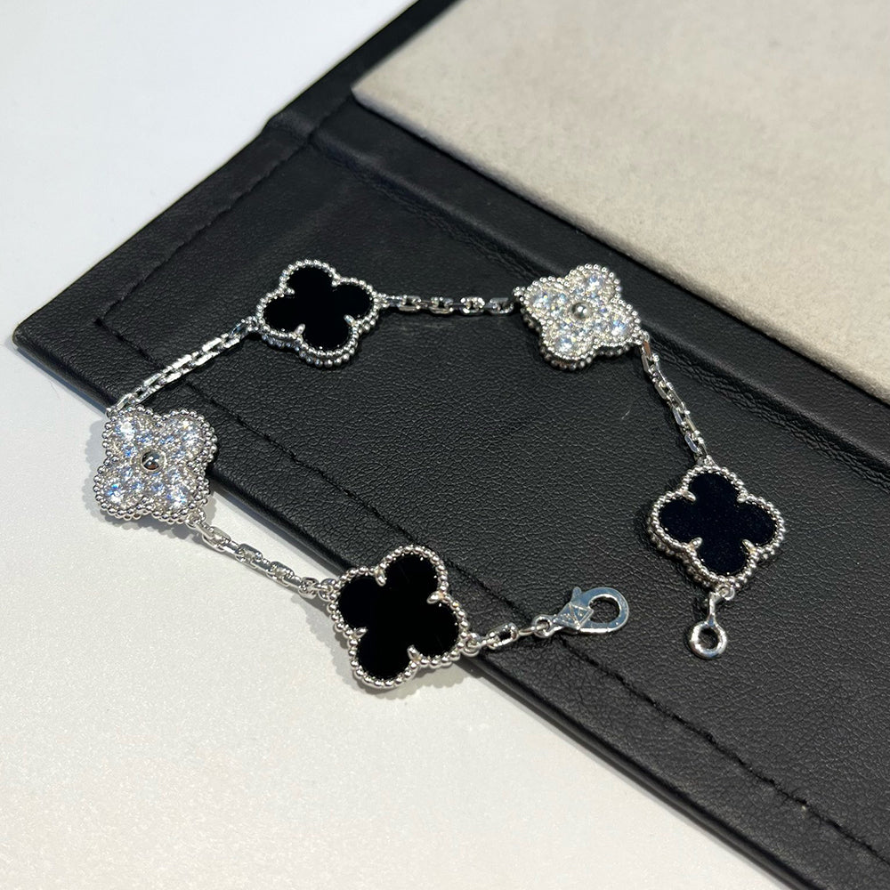 [Love Aura]CLOVER 5 MOTIF ONYXS DIAMOND BRACELET SILVER