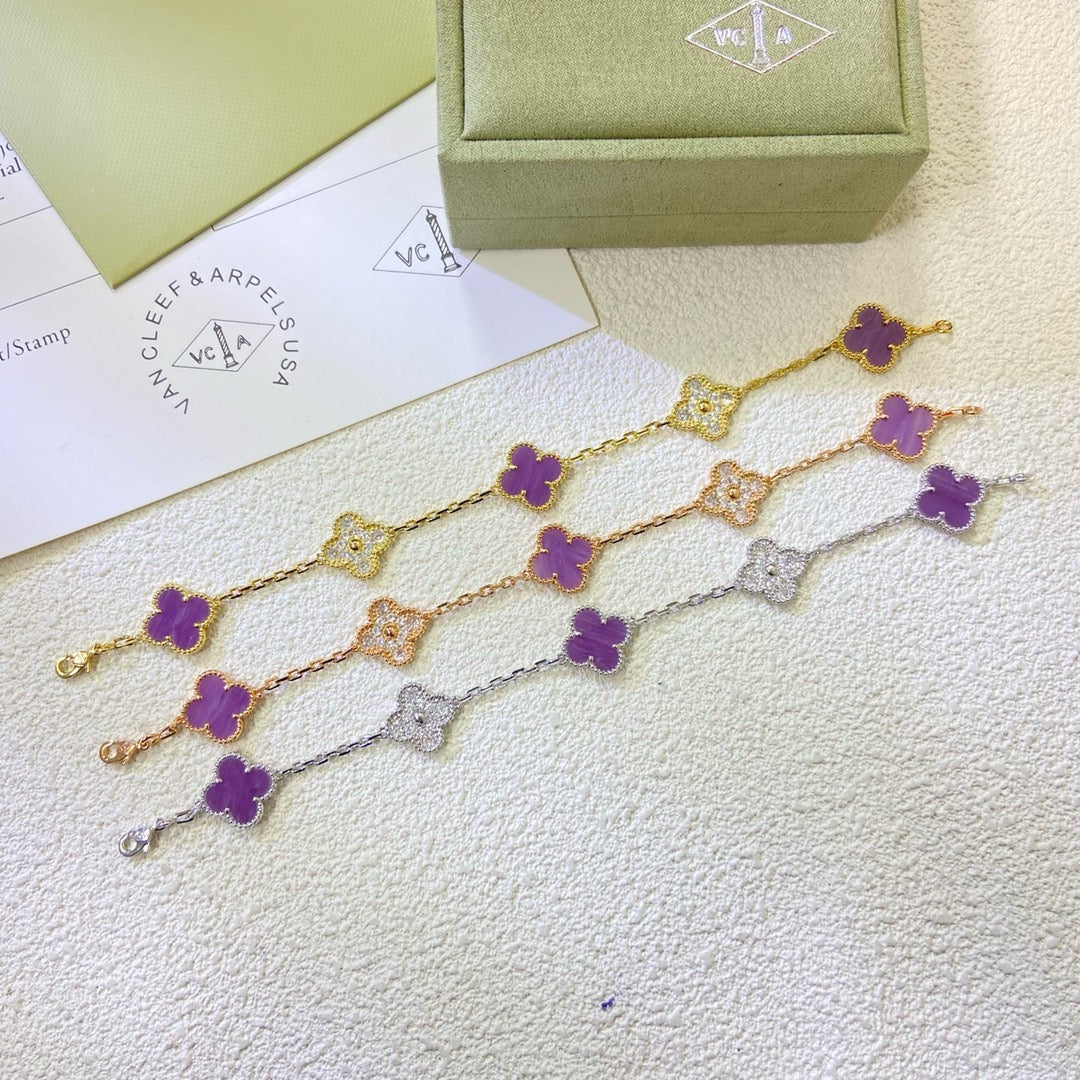 [Love Aura]CLOVER  5 MOTIFS  PURPLE VIOLET DIAMOND BRACELET