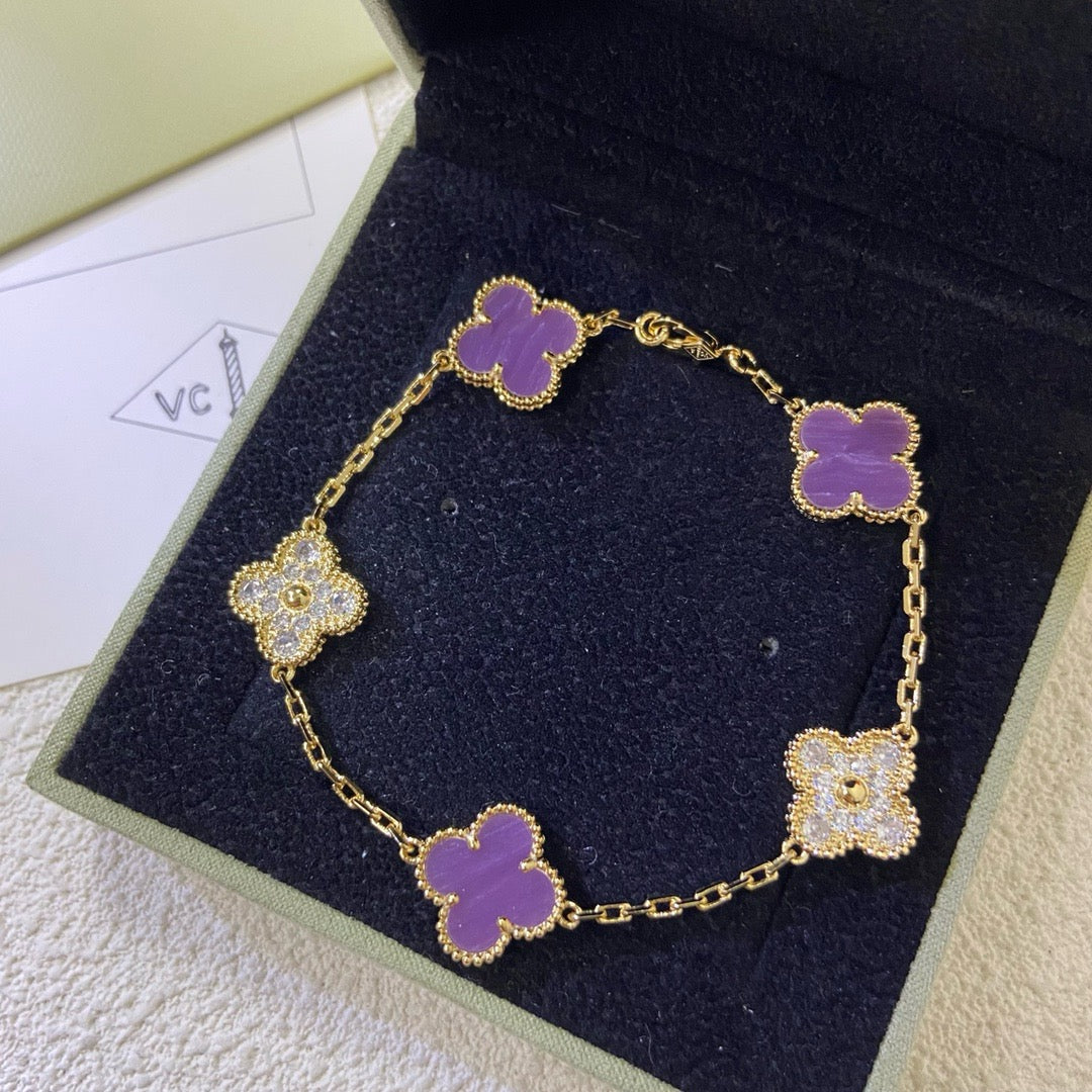 [Love Aura]CLOVER  5 MOTIFS  PURPLE VIOLET DIAMOND BRACELET