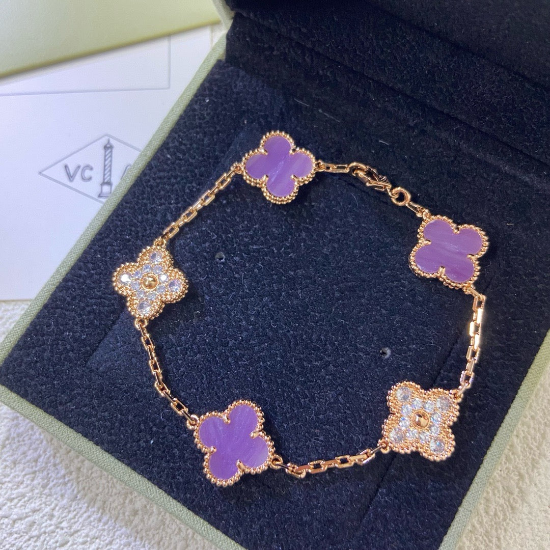 [Love Aura]CLOVER  5 MOTIFS  PURPLE VIOLET DIAMOND BRACELET