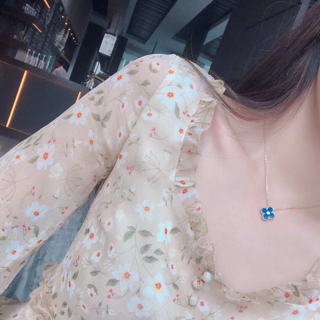 [Love Aura]CLOVER 15MM DIAMOND AND BLUE AGATE NECKLACE