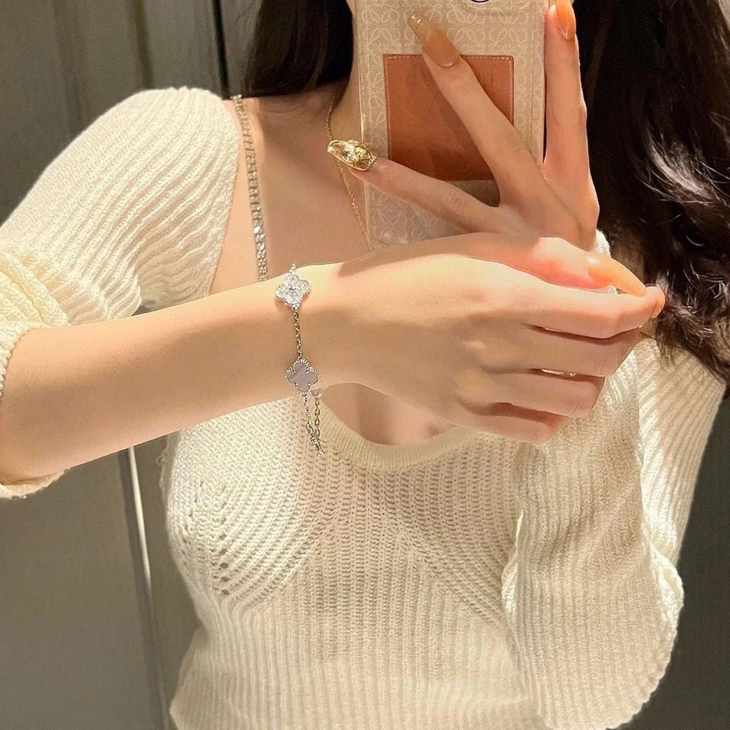 [Love Aura]CLOVER  5 MOTIF DIAMOND PURPLE CHALCEDONY BRACELET SILVER