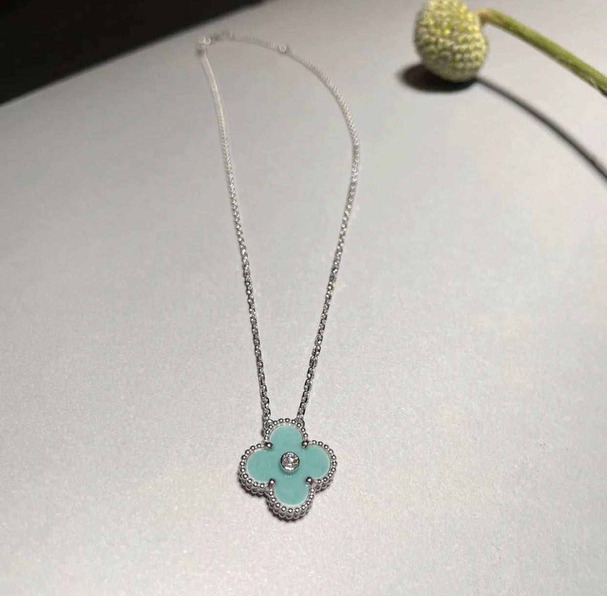 [Love Aura]CLOVER 1 DIAMOND LIGHT BLUE SILVER NECKLACE