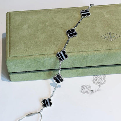 [Love Aura]CLOVER 5 MOTIF VEINED ONYX BRACELET SILVER