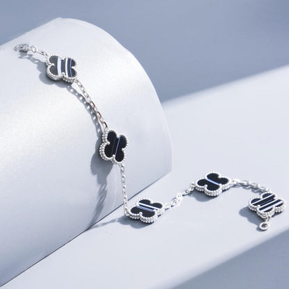 [Love Aura]CLOVER 5 MOTIF VEINED ONYX BRACELET SILVER