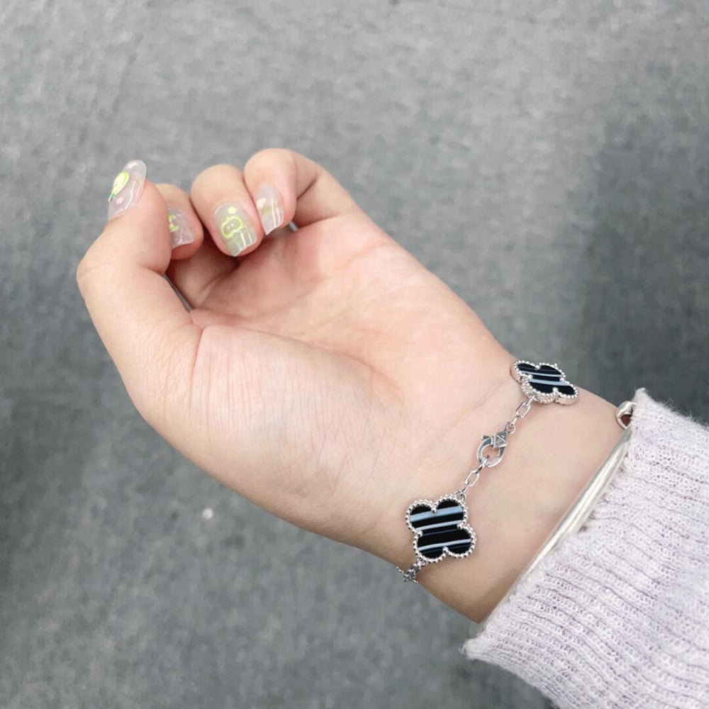 [Love Aura]CLOVER 5 MOTIF VEINED ONYX BRACELET SILVER