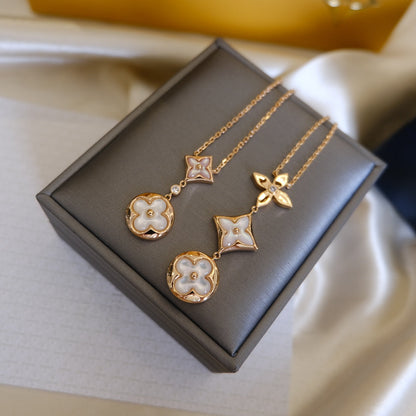 [Love Aura]COLOR BLOSSOM LARIAT NECKLACE PINK GOLD WHITE MOTHER PEARL AND DIAMOND