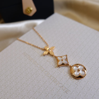 [Love Aura]COLOR BLOSSOM LARIAT NECKLACE PINK GOLD WHITE MOTHER PEARL AND DIAMOND