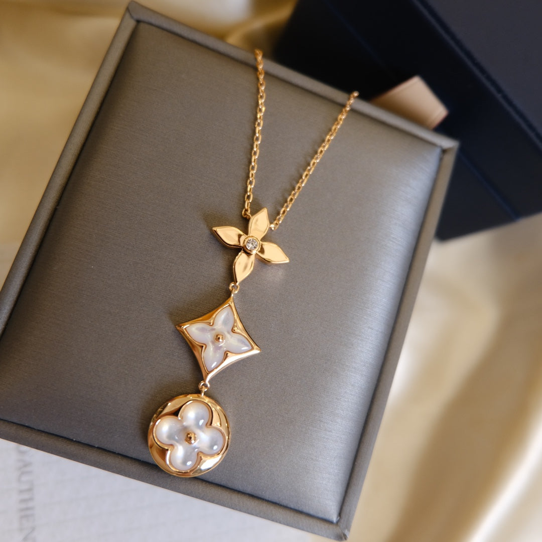 [Love Aura]COLOR BLOSSOM LARIAT NECKLACE PINK GOLD WHITE MOTHER PEARL AND DIAMOND