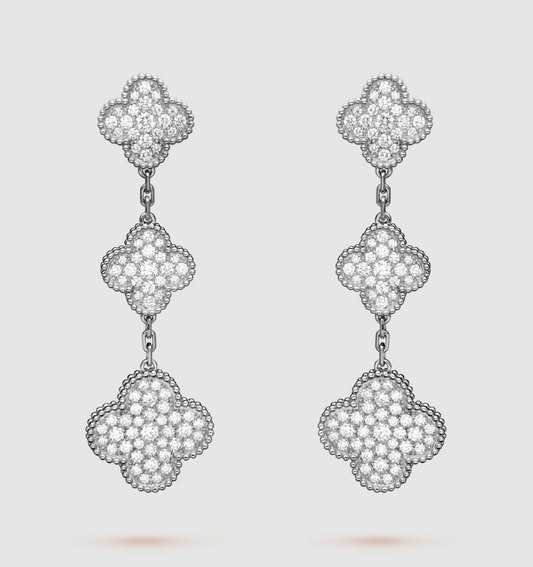[Love Aura]CLOVER 3 MOTIF DIAMOND SILVER DROP EARRINGS