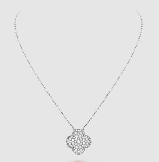 [Love Aura]CLOVER 25MM LARGE PENDANT DIAMOND PAVED SILVER NECKLACE