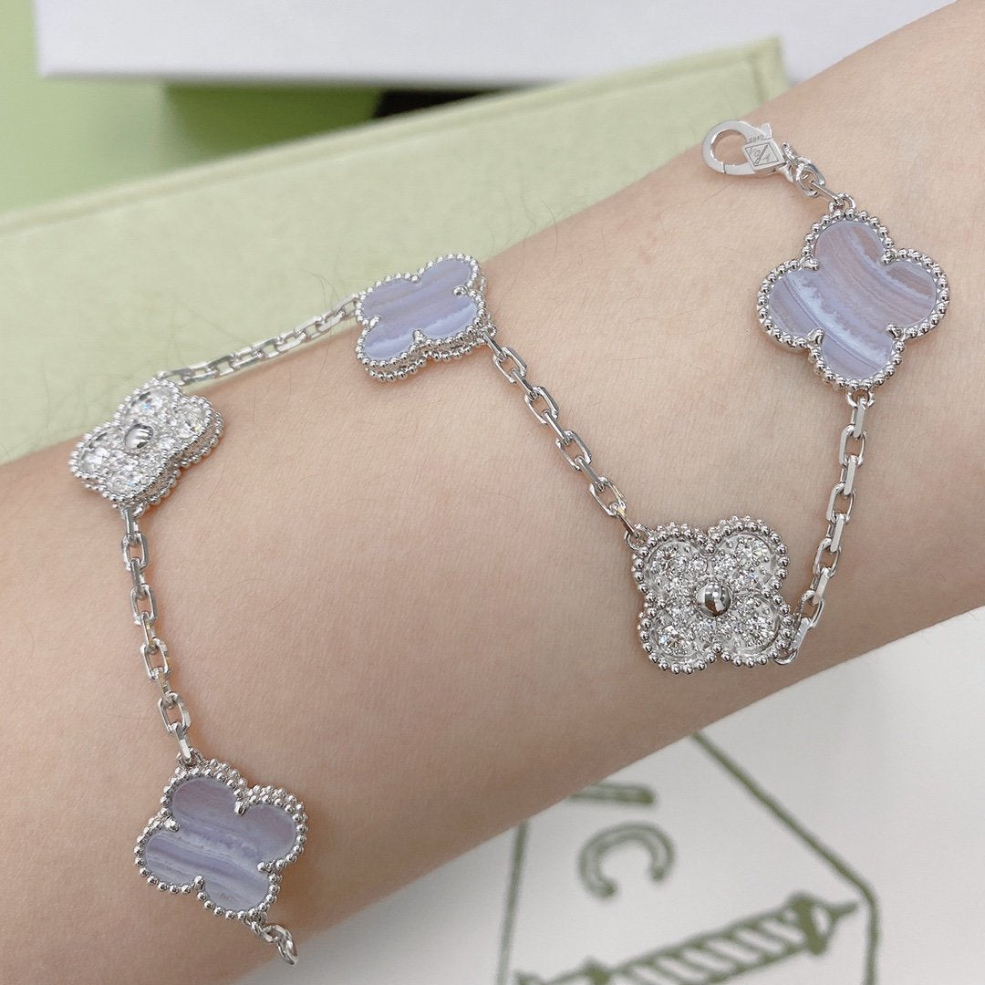 [Love Aura]CLOVER  5 MOTIF DIAMOND PURPLE CHALCEDONY BRACELET SILVER