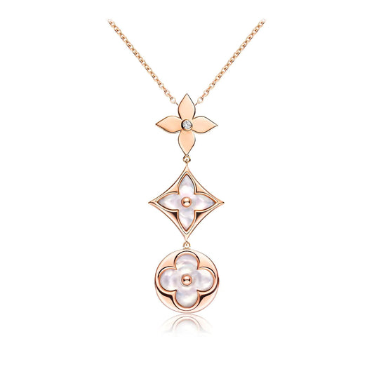 [Love Aura]COLOR BLOSSOM LARIAT NECKLACE PINK GOLD WHITE MOTHER PEARL AND DIAMOND